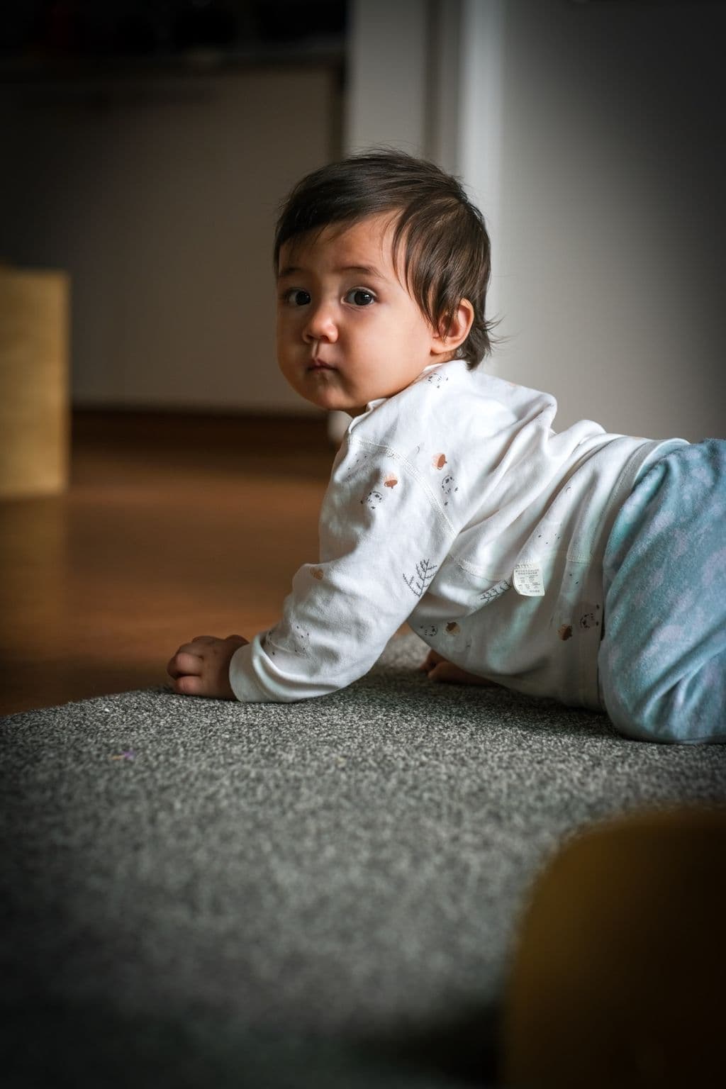 Infant crawling confidently across the calm indoor learning space at Triton Montessori Educare's infant environment